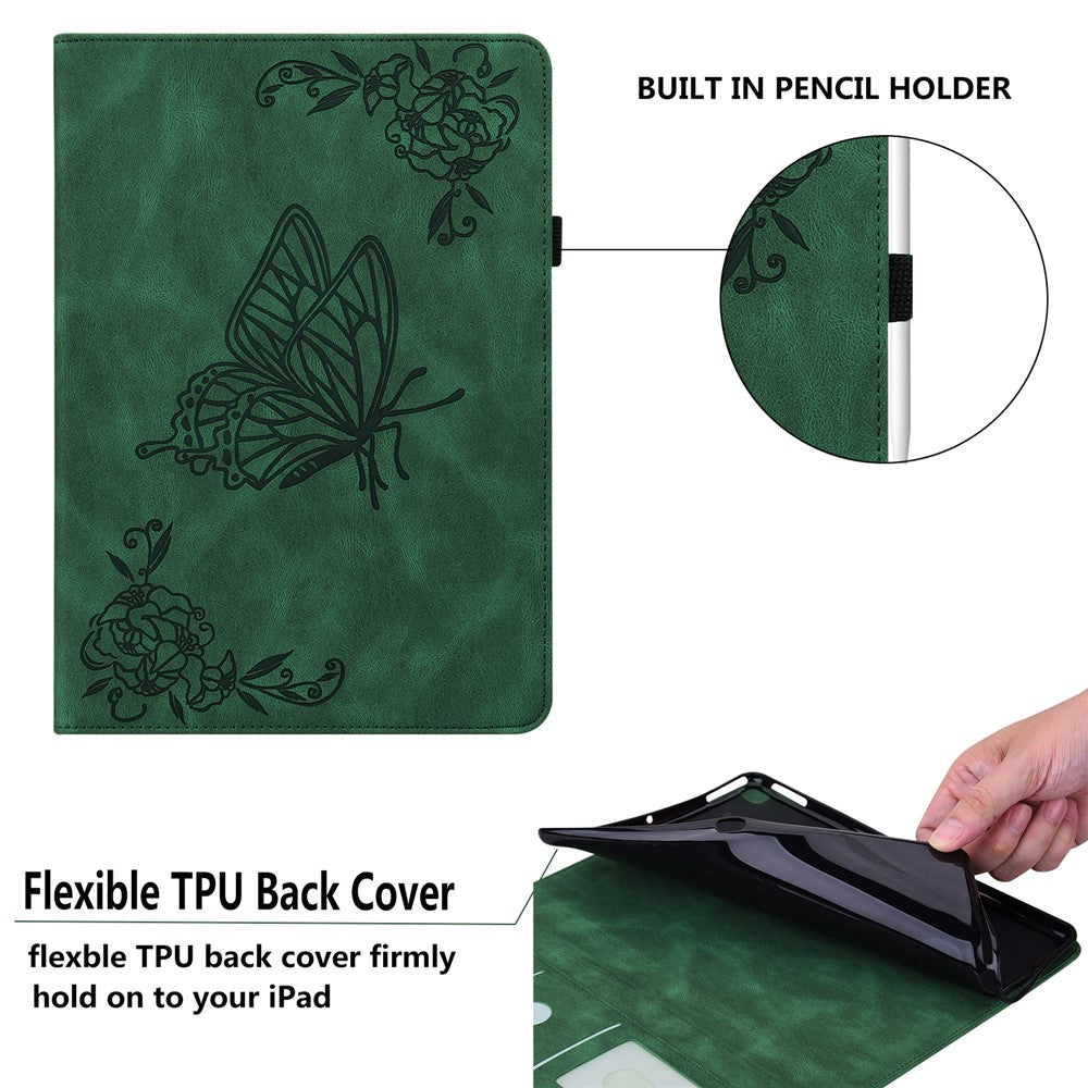 For Lenovo Tab M9 Imprinted Butterfly Flower PU Leather Card Holder Stand Tablet Case with Pen Loop - Green
