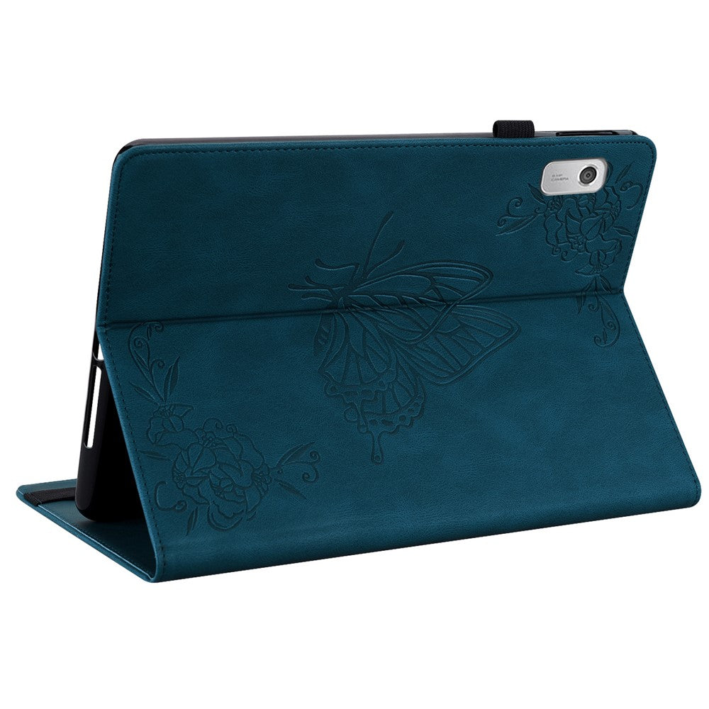 For Lenovo Tab M9 Imprinted Butterfly Flower PU Leather Card Holder Stand Tablet Case with Pen Loop - Dark Blue