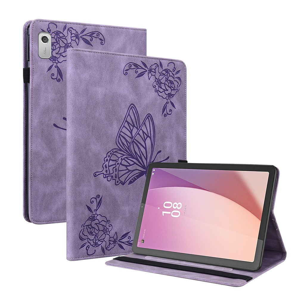 For Lenovo Tab M9 Imprinted Butterfly Flower PU Leather Card Holder Stand Tablet Case with Pen Loop - Purple