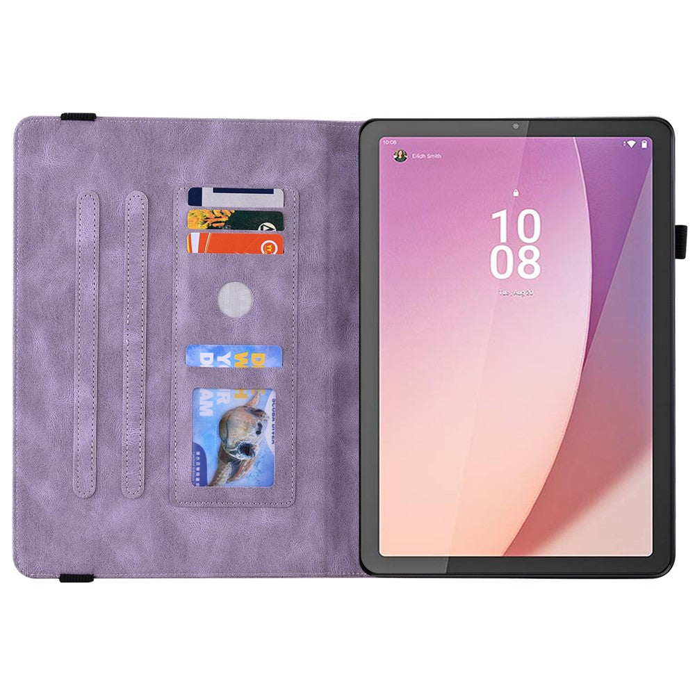 For Lenovo Tab M9 Imprinted Butterfly Flower PU Leather Card Holder Stand Tablet Case with Pen Loop - Purple