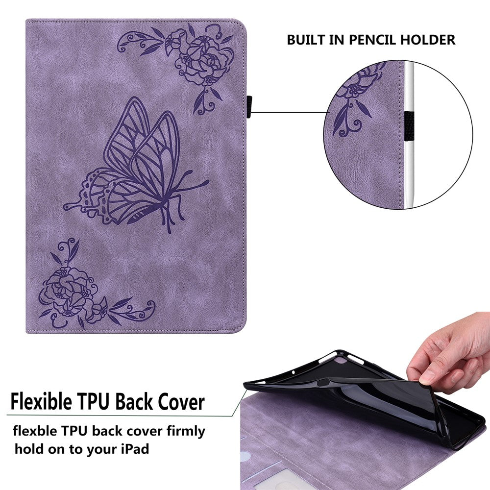 For Lenovo Tab M9 Imprinted Butterfly Flower PU Leather Card Holder Stand Tablet Case with Pen Loop - Purple