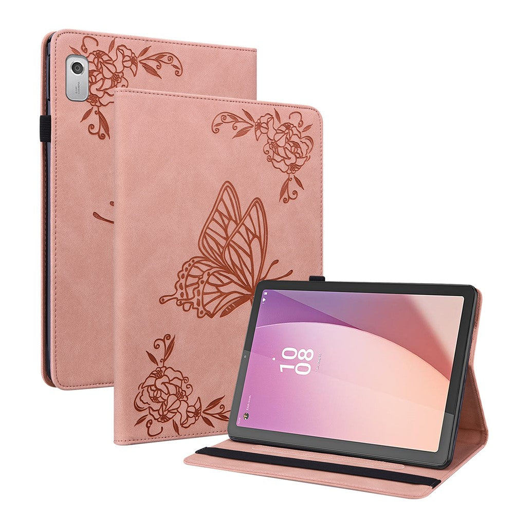 For Lenovo Tab M9 Imprinted Butterfly Flower PU Leather Card Holder Stand Tablet Case with Pen Loop - Pink