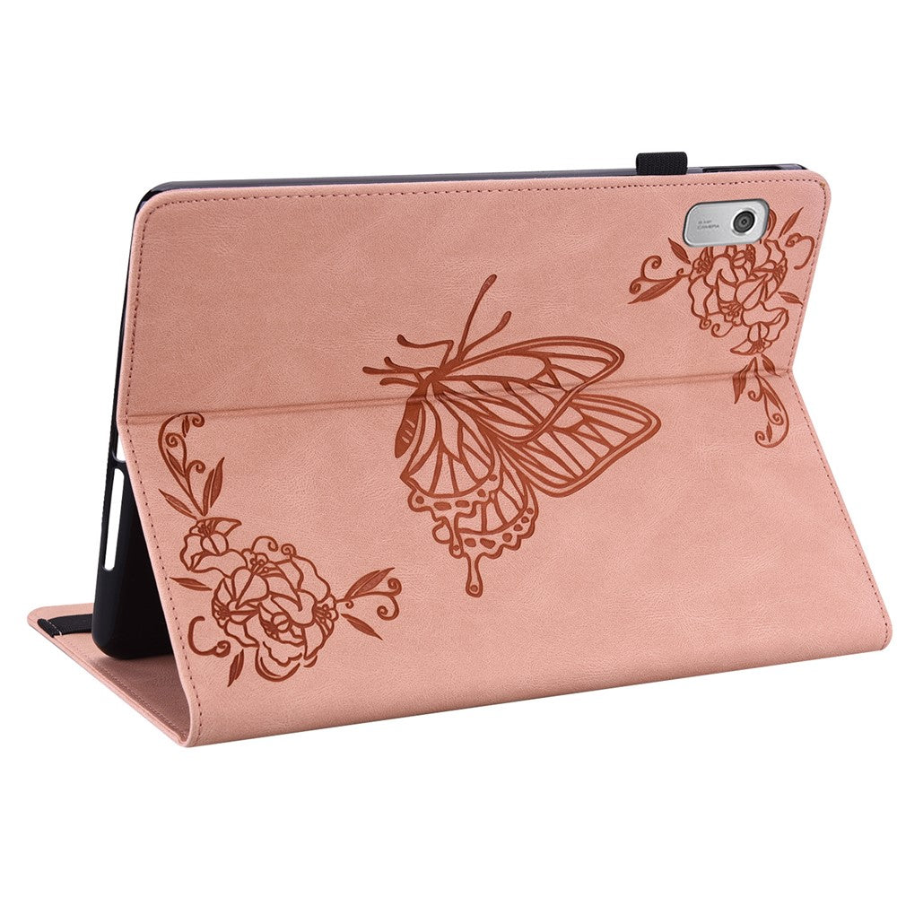 For Lenovo Tab M9 Imprinted Butterfly Flower PU Leather Card Holder Stand Tablet Case with Pen Loop - Pink