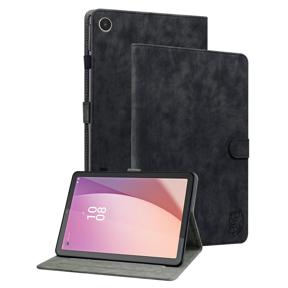 For Lenovo Tab M8 (4th Gen) 2024 TB-301XU / M8 (4th Gen) 2023 TB-300FU PU Leather Tablet Case Cute Tiger Pattern Stand Cover - Black
