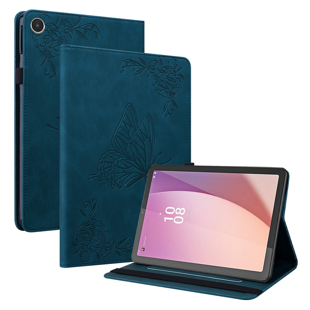 For Lenovo Tab M8 (4th Gen) 2024 TB-301XU / M8 (4th Gen) 2023 TB-300FU Stand Leather Tablet Case Imprinted Butterfly Flower Cover - Dark Blue