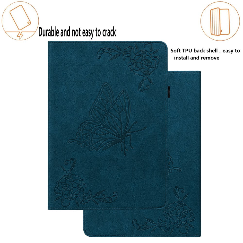 For Lenovo Tab M8 (4th Gen) 2024 TB-301XU / M8 (4th Gen) 2023 TB-300FU Stand Leather Tablet Case Imprinted Butterfly Flower Cover - Dark Blue