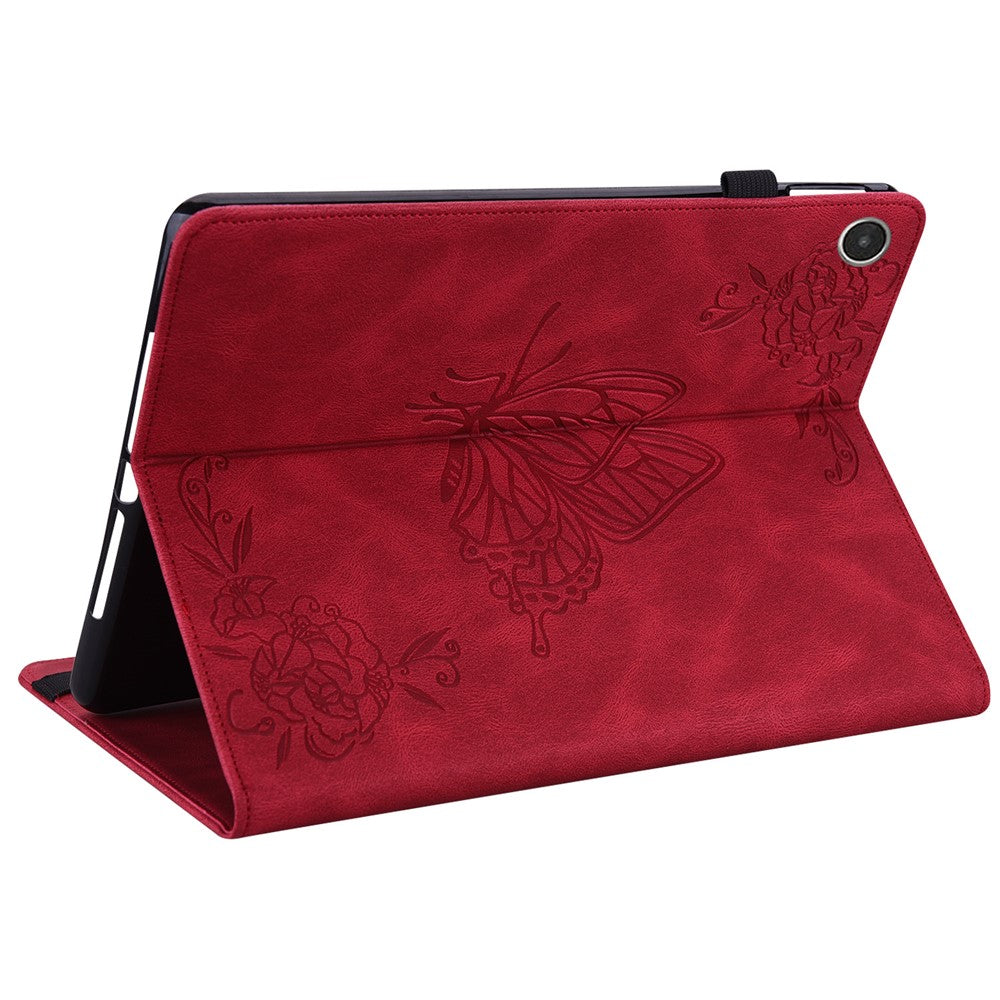 For Lenovo Tab M8 (4th Gen) 2024 TB-301XU / M8 (4th Gen) 2023 TB-300FU Stand Leather Tablet Case Imprinted Butterfly Flower Cover - Red