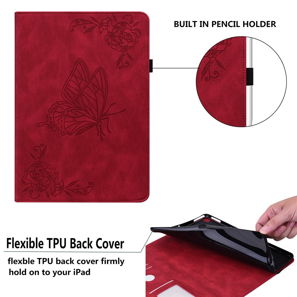 For Lenovo Tab M8 (4th Gen) 2024 TB-301XU / M8 (4th Gen) 2023 TB-300FU Stand Leather Tablet Case Imprinted Butterfly Flower Cover - Red