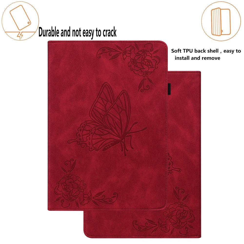 For Lenovo Tab M8 (4th Gen) 2024 TB-301XU / M8 (4th Gen) 2023 TB-300FU Stand Leather Tablet Case Imprinted Butterfly Flower Cover - Red