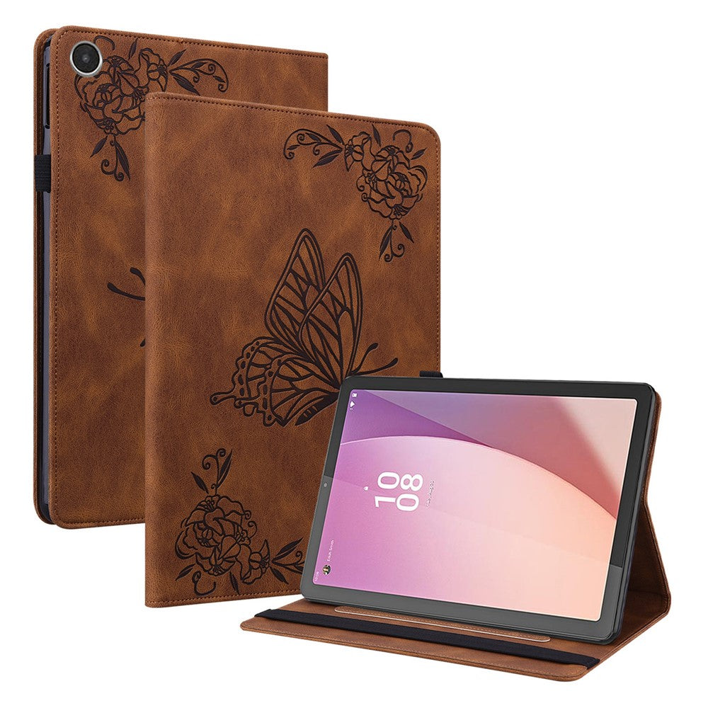 For Lenovo Tab M8 (4th Gen) 2024 TB-301XU / M8 (4th Gen) 2023 TB-300FU Stand Leather Tablet Case Imprinted Butterfly Flower Cover - Brown