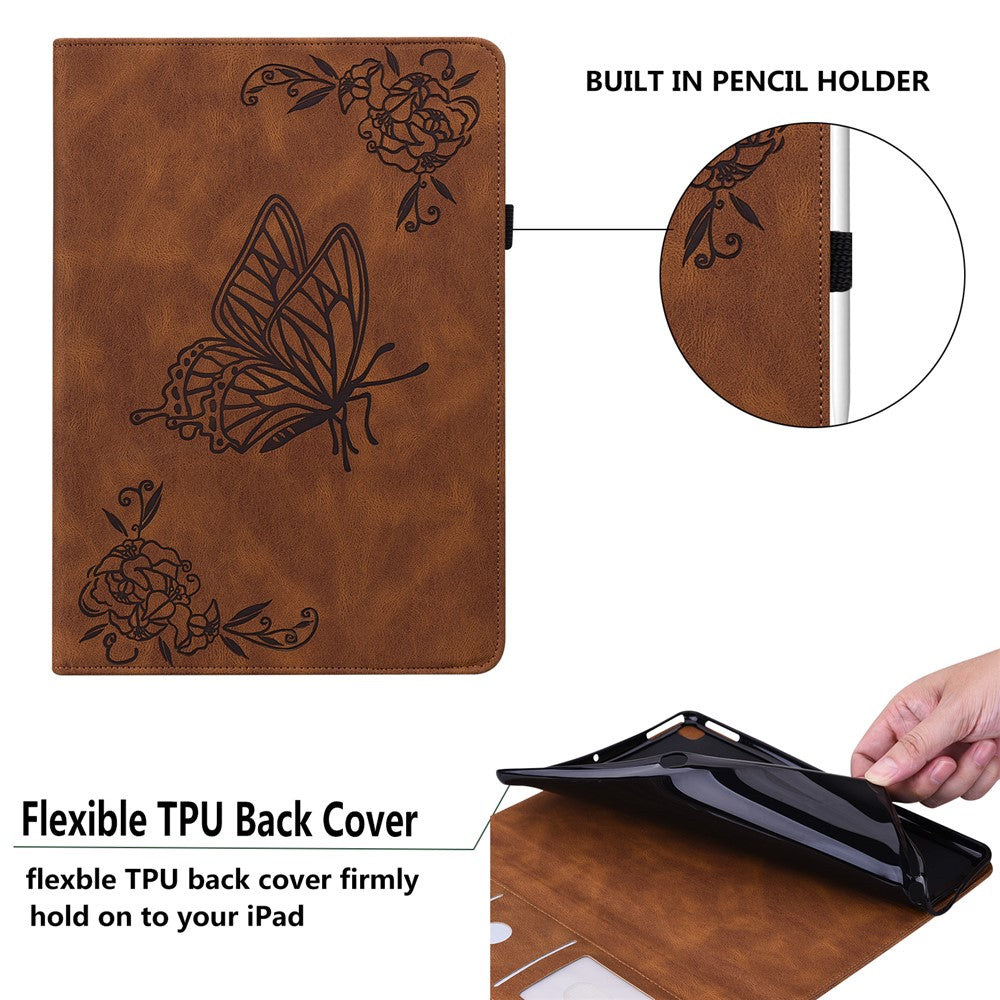 For Lenovo Tab M8 (4th Gen) 2024 TB-301XU / M8 (4th Gen) 2023 TB-300FU Stand Leather Tablet Case Imprinted Butterfly Flower Cover - Brown