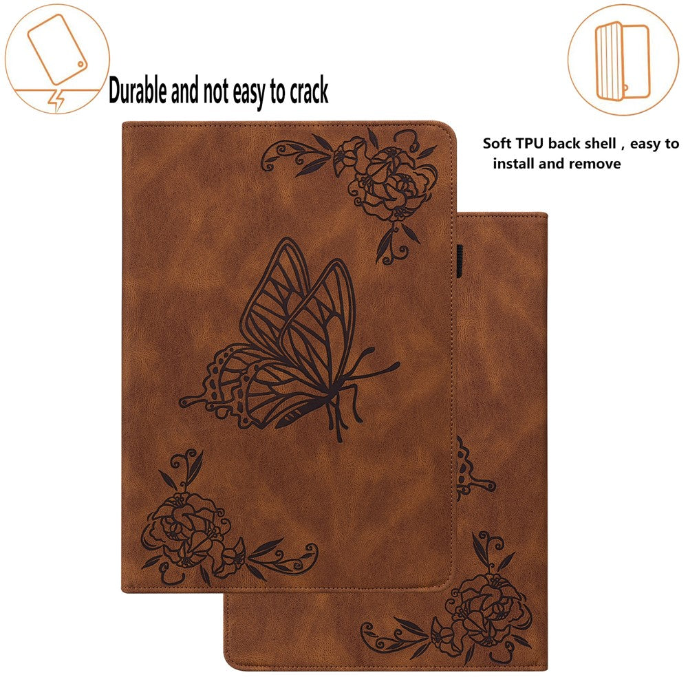 For Lenovo Tab M8 (4th Gen) 2024 TB-301XU / M8 (4th Gen) 2023 TB-300FU Stand Leather Tablet Case Imprinted Butterfly Flower Cover - Brown