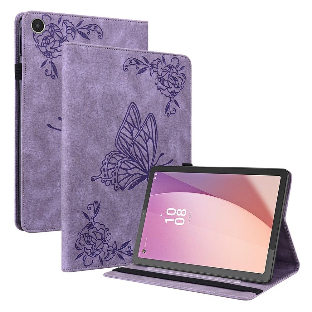 For Lenovo Tab M8 (4th Gen) 2024 TB-301XU / M8 (4th Gen) 2023 TB-300FU Stand Leather Tablet Case Imprinted Butterfly Flower Cover - Purple