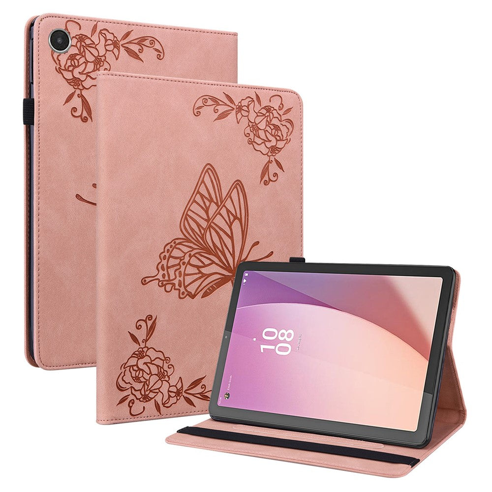 For Lenovo Tab M8 (4th Gen) 2024 TB-301XU / M8 (4th Gen) 2023 TB-300FU Stand Leather Tablet Case Imprinted Butterfly Flower Cover - Pink