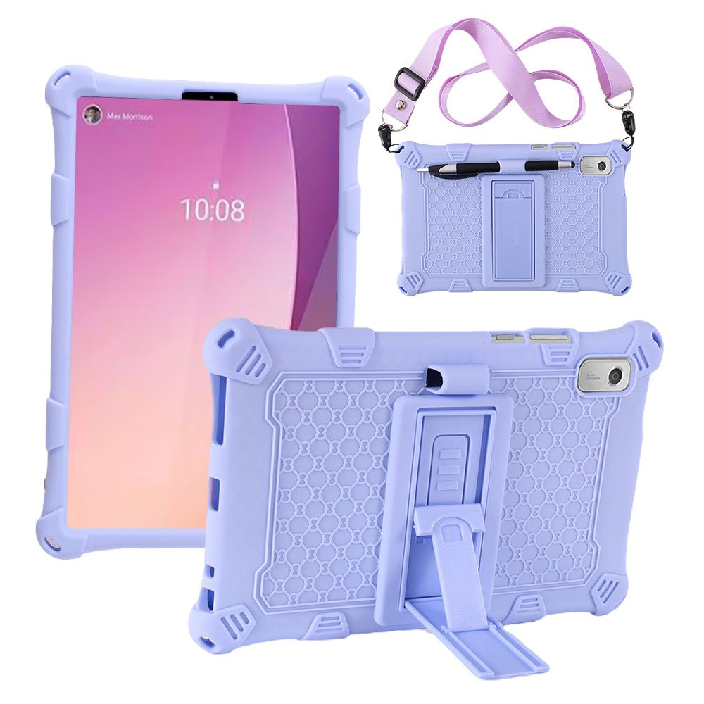 For Lenovo Tab M9 PC + Silicone Shock-Resistant Tablet Case Adjustable Kickstand Cover with Shoulder Strap - Purple