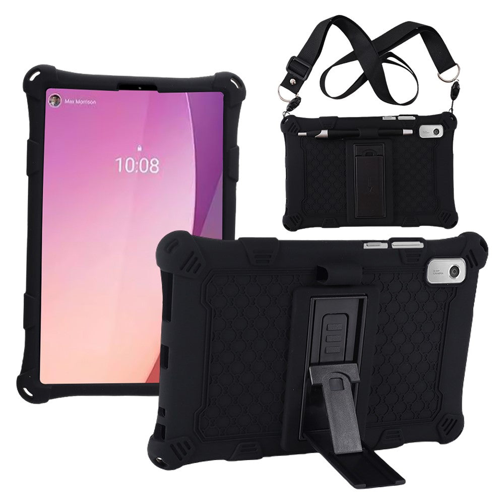 For Lenovo Tab M9 PC + Silicone Shock-Resistant Tablet Case Adjustable Kickstand Cover with Shoulder Strap - Black