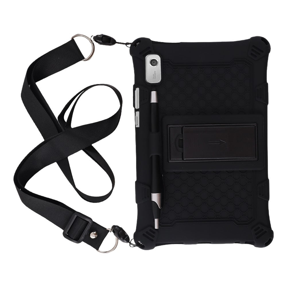 For Lenovo Tab M9 PC + Silicone Shock-Resistant Tablet Case Adjustable Kickstand Cover with Shoulder Strap - Black