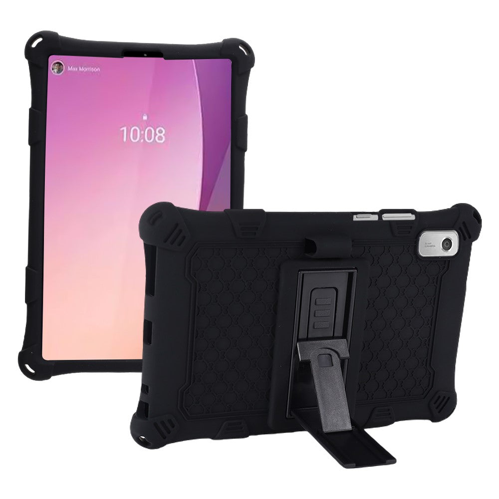 For Lenovo Tab M9 PC + Silicone Shock-Resistant Tablet Case Adjustable Kickstand Cover with Shoulder Strap - Black