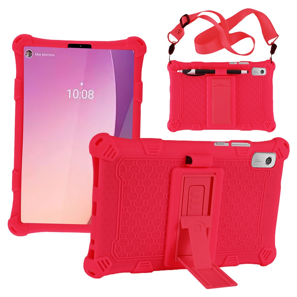 For Lenovo Tab M9 PC + Silicone Shock-Resistant Tablet Case Adjustable Kickstand Cover with Shoulder Strap - Red
