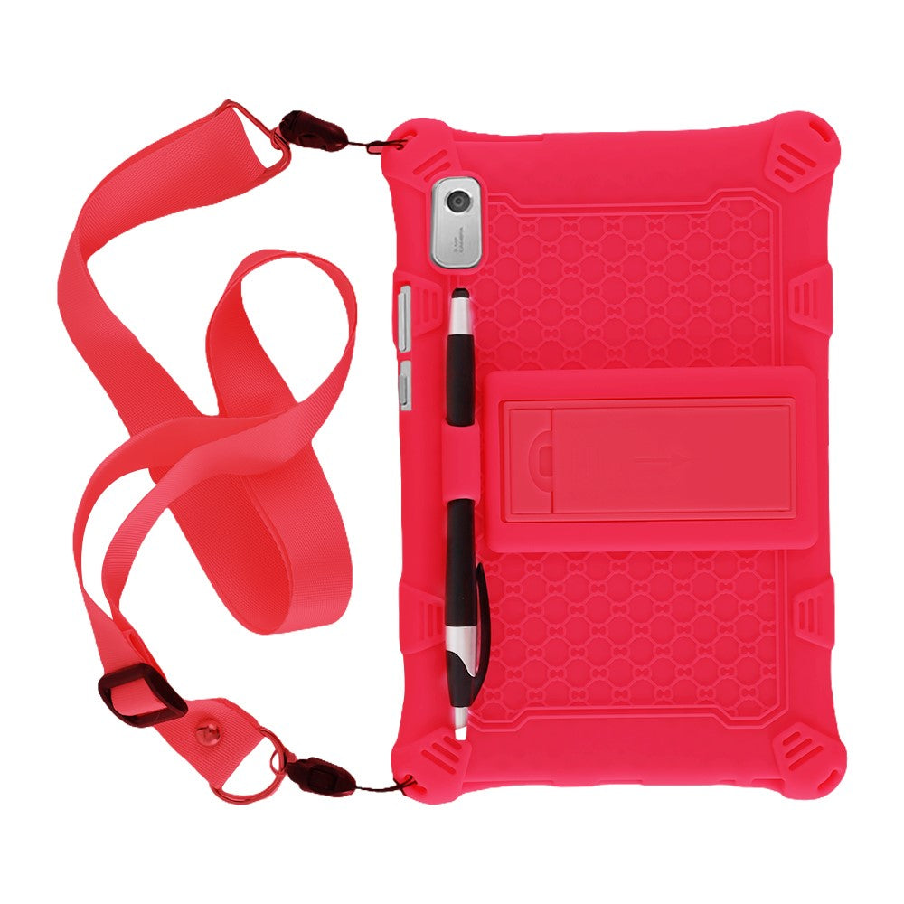 For Lenovo Tab M9 PC + Silicone Shock-Resistant Tablet Case Adjustable Kickstand Cover with Shoulder Strap - Red