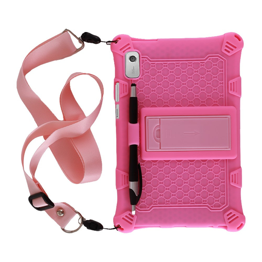 For Lenovo Tab M9 PC + Silicone Shock-Resistant Tablet Case Adjustable Kickstand Cover with Shoulder Strap - Pink