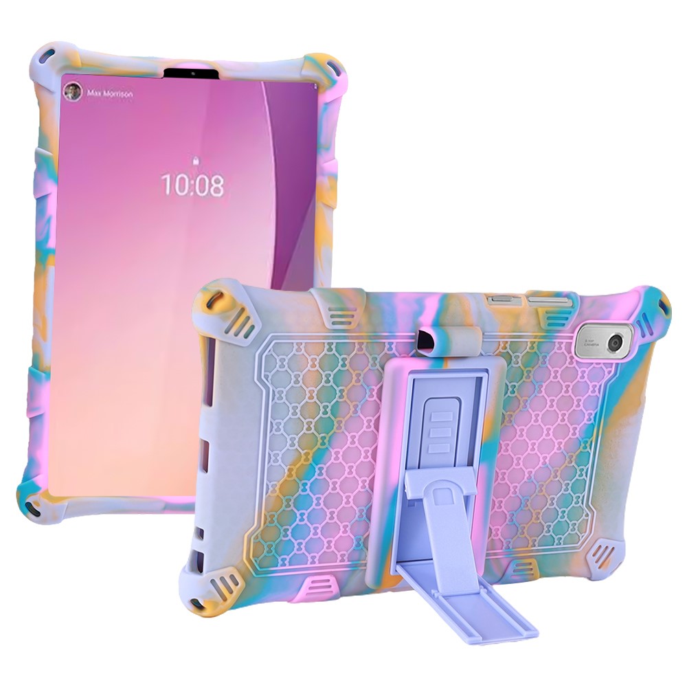 For Lenovo Tab M9 PC + Silicone Shock-Resistant Tablet Case Adjustable Kickstand Cover with Shoulder Strap - Camouflage Rose / Light Purple