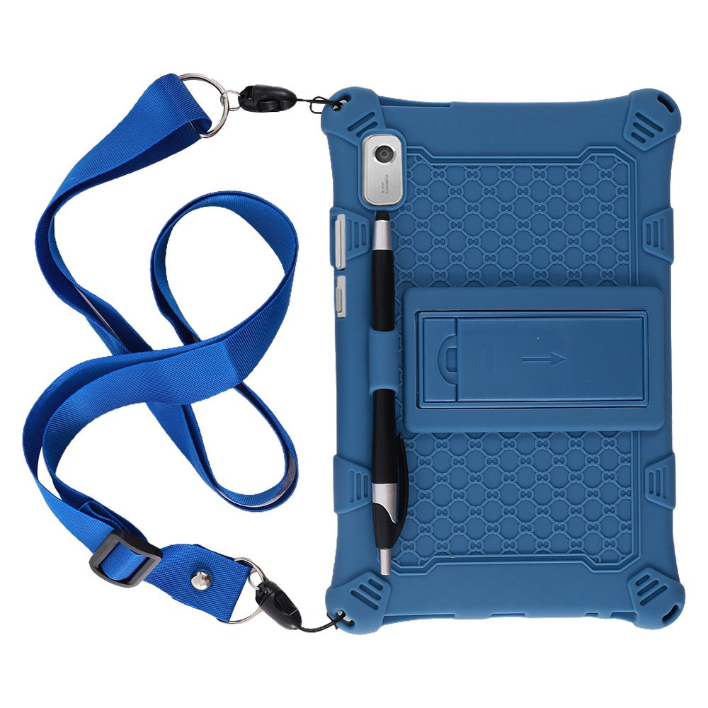 For Lenovo Tab M9 PC + Silicone Shock-Resistant Tablet Case Adjustable Kickstand Cover with Shoulder Strap - Dark Blue
