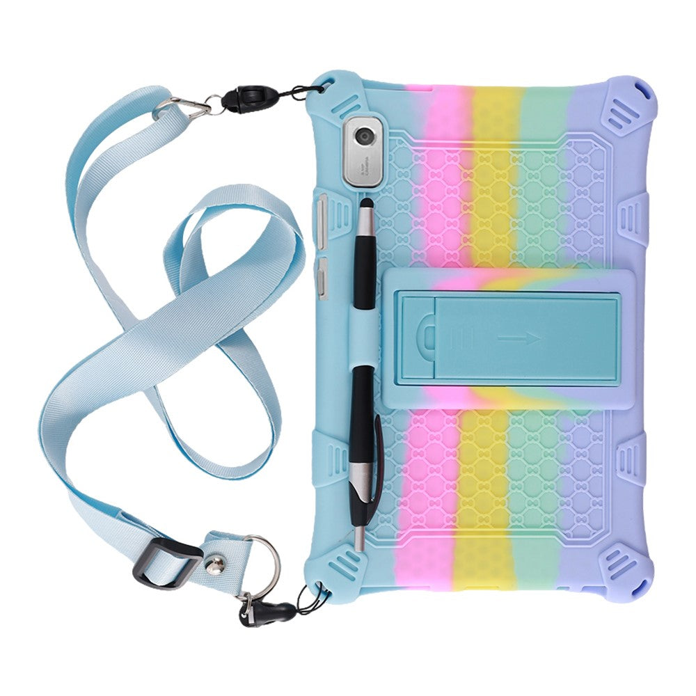 For Lenovo Tab M9 PC + Silicone Shock-Resistant Tablet Case Adjustable Kickstand Cover with Shoulder Strap - Colorful Baby Blue