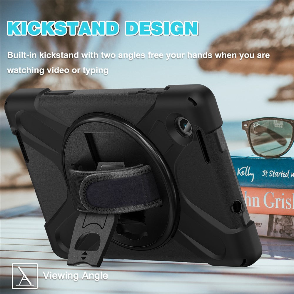 For Lenovo Tab M8 (4th Gen) 2024 TB-301XU / M8 (4th Gen) 2023 TB-300FU Kickstand PC + Silicone Tablet Case with Hand Strap - Black