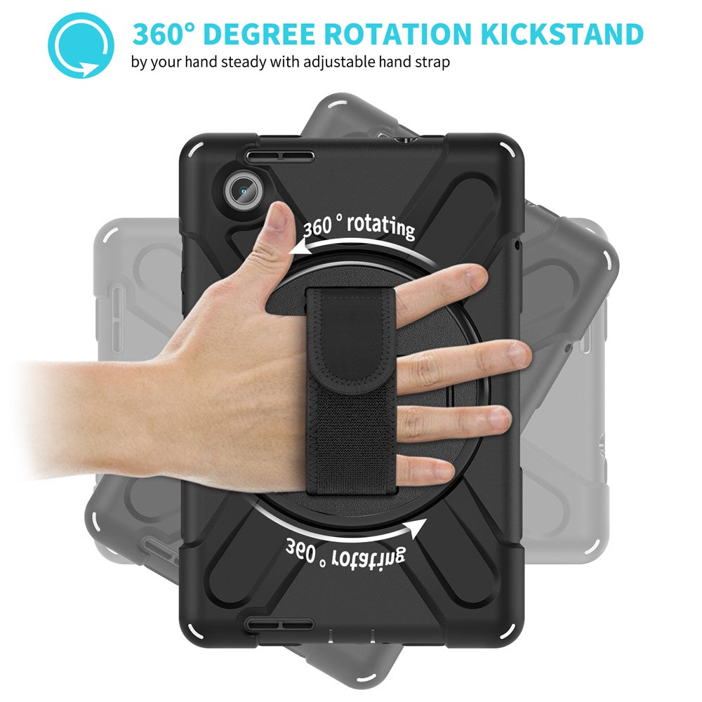 For Lenovo Tab M8 (4th Gen) 2024 TB-301XU / M8 (4th Gen) 2023 TB-300FU Kickstand PC + Silicone Tablet Case with Hand Strap - Black