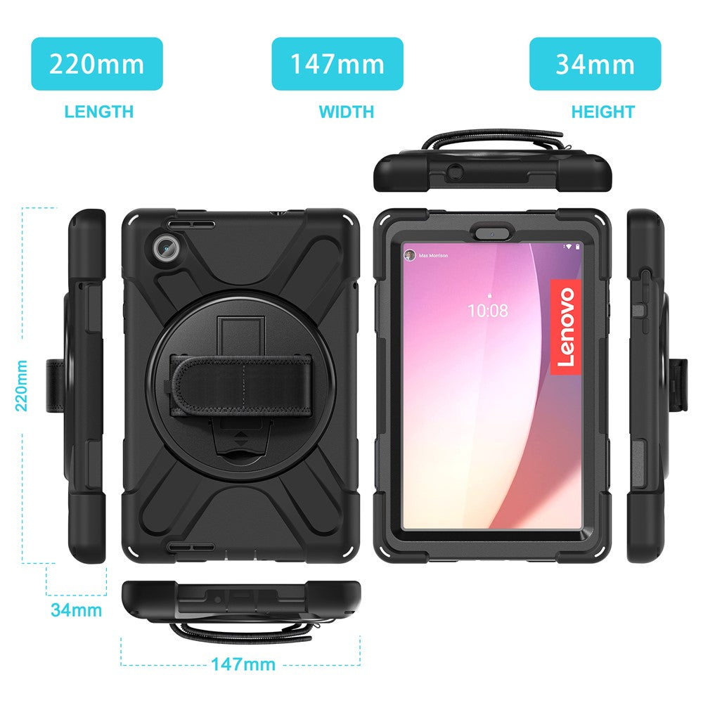 For Lenovo Tab M8 (4th Gen) 2024 TB-301XU / M8 (4th Gen) 2023 TB-300FU Kickstand PC + Silicone Tablet Case with Hand Strap - Black