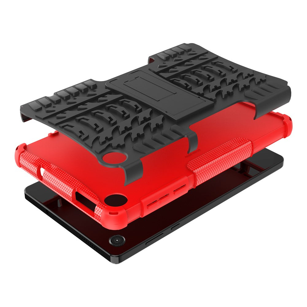 For Lenovo Tab M8 (4th Gen) 2024 TB-301XU / M8 (4th Gen) 2023 TB-300FU Kickstand Tablet Case Tire Texture TPU PC Cover - Red