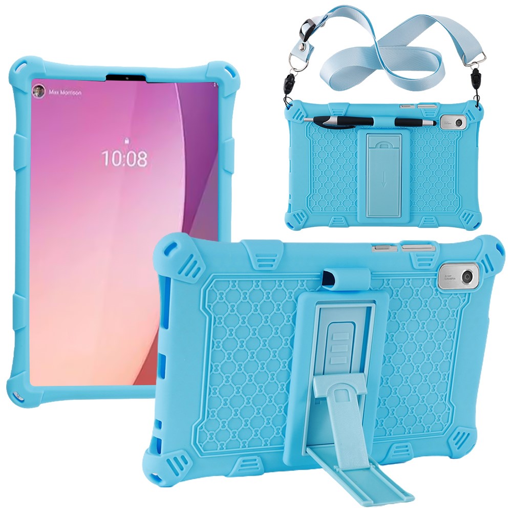 For Lenovo Tab M9 310FU Retro Texture Tablet Silicone Case Kickstand Tablet Cover with Lanyard - Blue