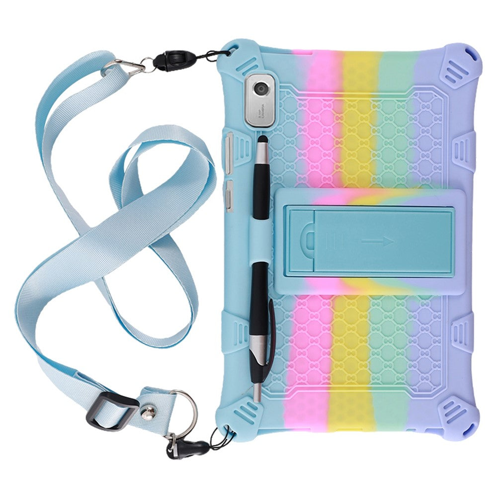 For Lenovo Tab M9 310FU Retro Texture Tablet Silicone Case Kickstand Tablet Cover with Lanyard - Colorful Baby Blue