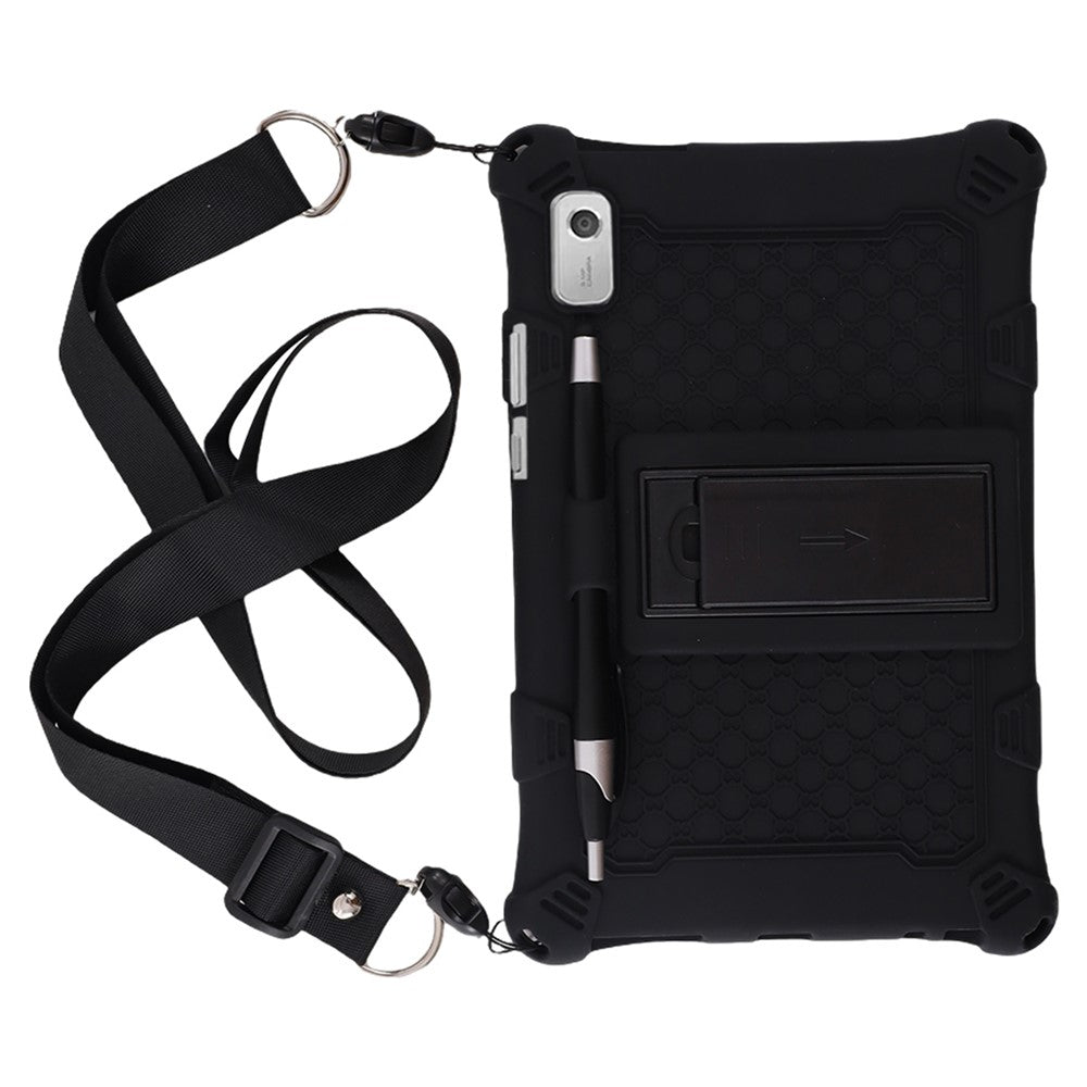 For Lenovo Tab M9 310FU Retro Texture Tablet Silicone Case Kickstand Tablet Cover with Lanyard - Black