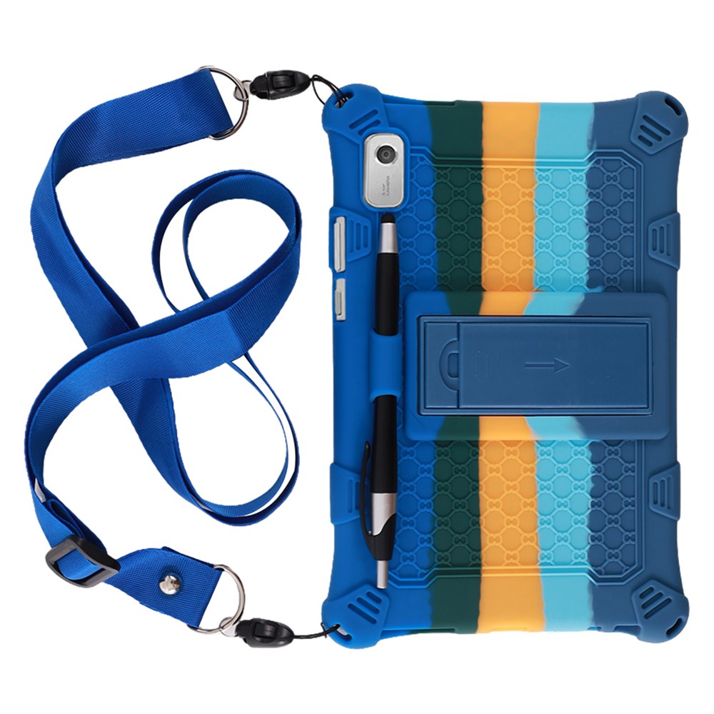 For Lenovo Tab M9 310FU Retro Texture Tablet Silicone Case Kickstand Tablet Cover with Lanyard - Colorful Dark Blue