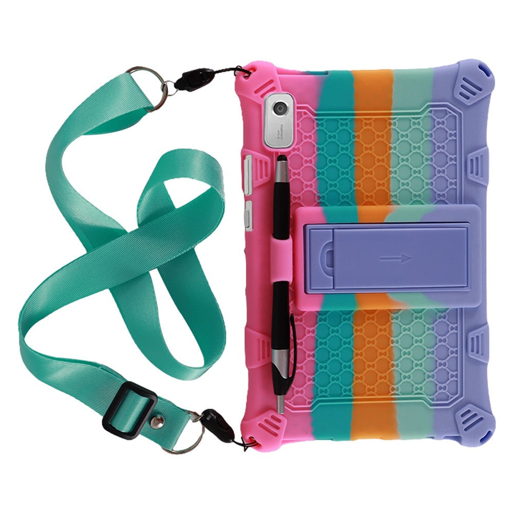 For Lenovo Tab M9 310FU Retro Texture Tablet Silicone Case Kickstand Tablet Cover with Lanyard - Colorful Pink