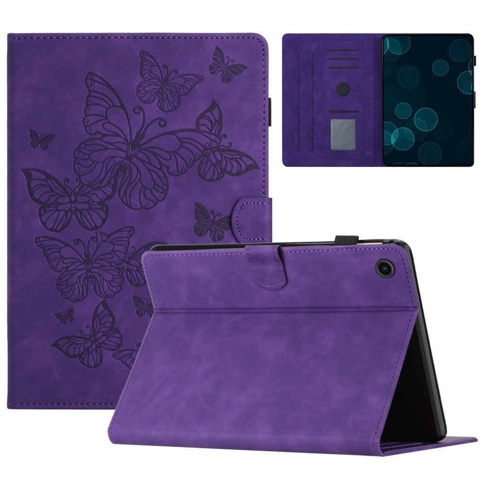 For Lenovo Tab M10 Plus X606F PU Leather Tablet Case Card Slot Stand Imprinted Butterfly Cover - Purple
