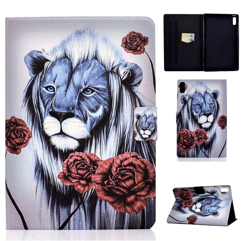 For Lenovo Tab M9 TB-310FU A3 Pattern Printing Stand Case PU Leather Card Slot Tablet Cover - Rose and Lion