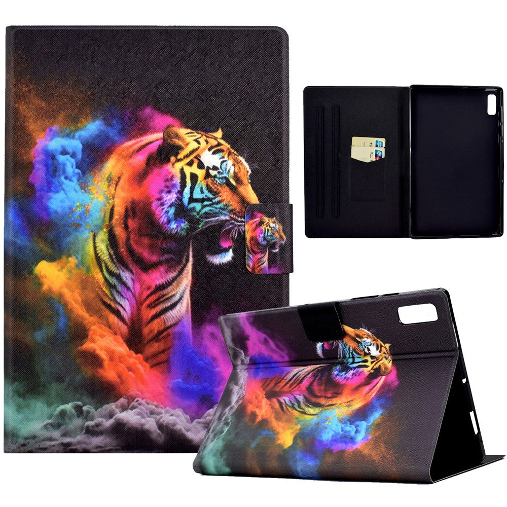 For Lenovo Tab M9 TB-310FU PU Leather Tablet Case A4 Pattern Printing Stand Card Holder Cover - Colorful Tiger