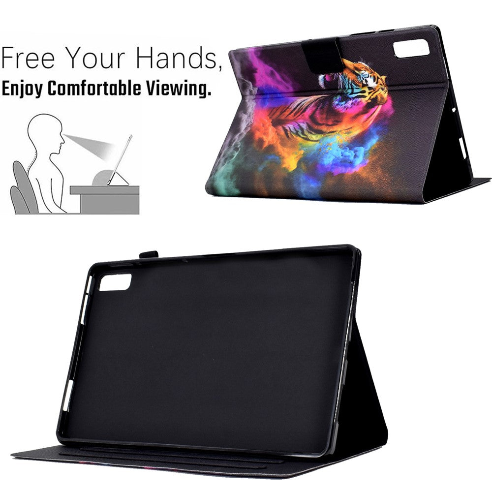 For Lenovo Tab M9 TB-310FU PU Leather Tablet Case A4 Pattern Printing Stand Card Holder Cover - Colorful Tiger