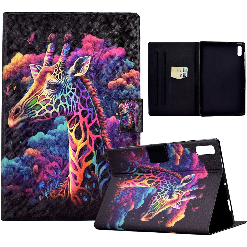 For Lenovo Tab P11 Gen 2 TB-350 Leather Stand Tablet Case A4 Pattern Printing Card Holder Protective Cover - Giraffe