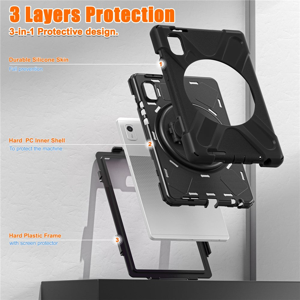 For Lenovo Tab M9 TB-310FU (2023) Tablet Case Kickstand PC+Silicone 360 Degree Rotation Tablet Cover with Hand Strap - Black