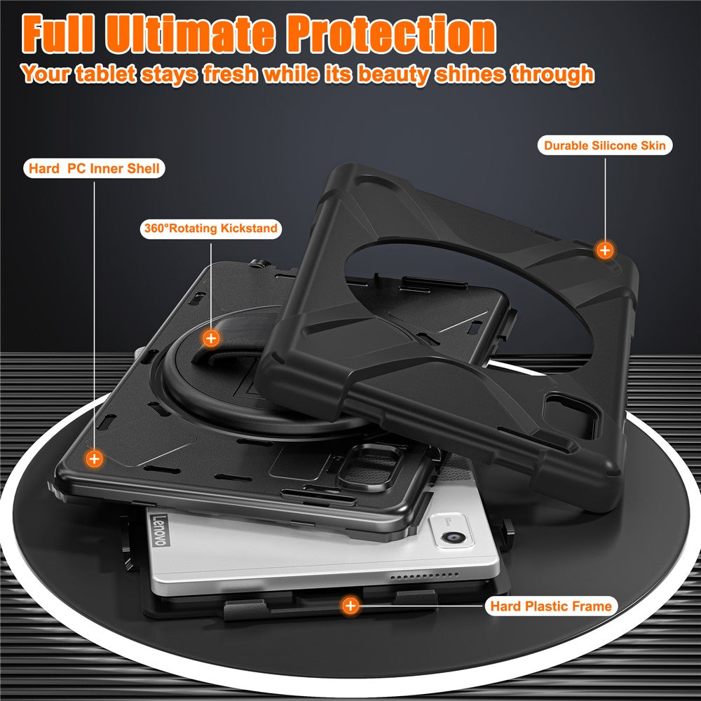 For Lenovo Tab M9 TB-310FU (2023) Tablet Case Kickstand PC+Silicone 360 Degree Rotation Tablet Cover with Hand Strap - Black