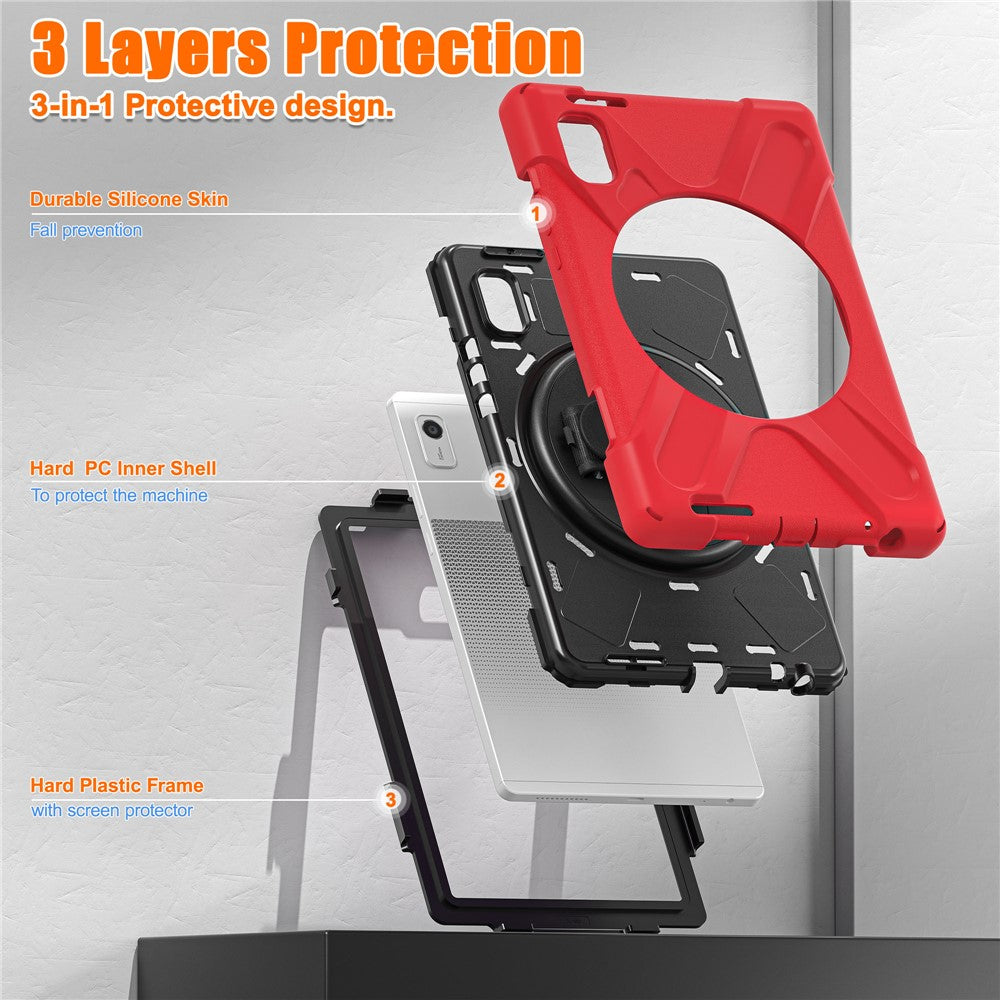 For Lenovo Tab M9 TB-310FU (2023) Tablet Case Kickstand PC+Silicone 360 Degree Rotation Tablet Cover with Hand Strap - Red