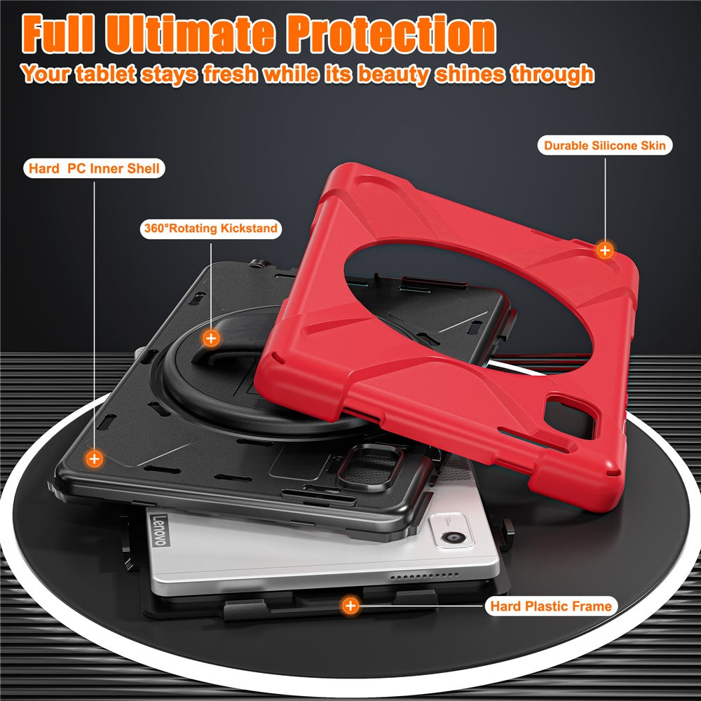 For Lenovo Tab M9 TB-310FU (2023) Tablet Case Kickstand PC+Silicone 360 Degree Rotation Tablet Cover with Hand Strap - Red
