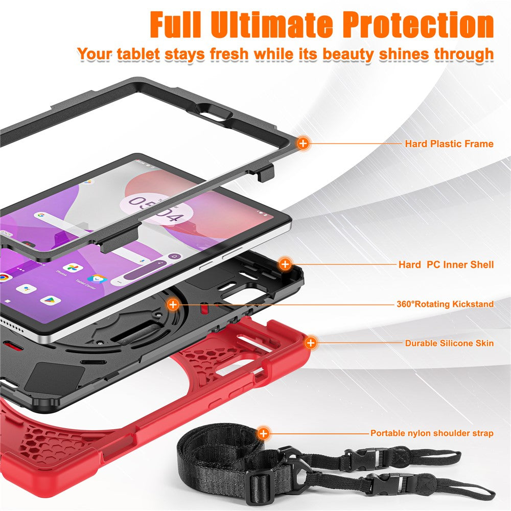 For Lenovo Tab M9 TB-310FU Kickstand Tablet Case PC+Silicone Protective Cover with Hand Strap / Shoulder Strap - Red