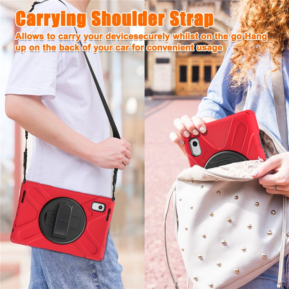 For Lenovo Tab M9 TB-310FU Kickstand Tablet Case PC+Silicone Protective Cover with Hand Strap / Shoulder Strap - Red