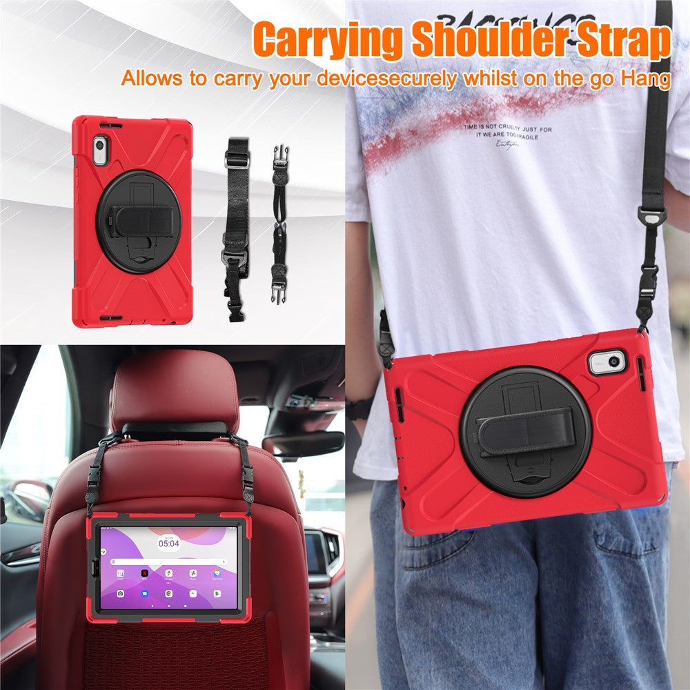 For Lenovo Tab M9 TB-310FU Kickstand Tablet Case PC+Silicone Protective Cover with Hand Strap / Shoulder Strap - Red