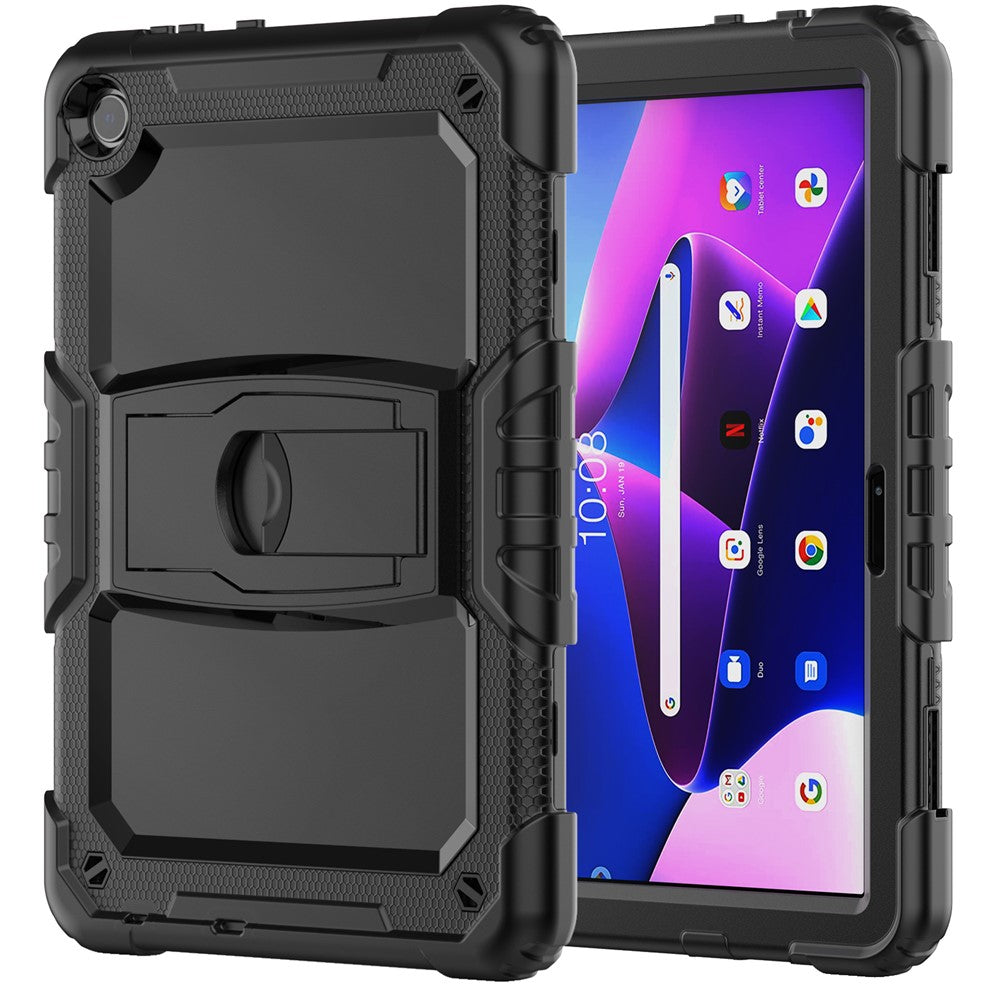 For Lenovo Tab M10 (Gen 3) TB-328F Anti-Scratch Silicone+PC Tablet Case Kickstand Cover with Strap - Black